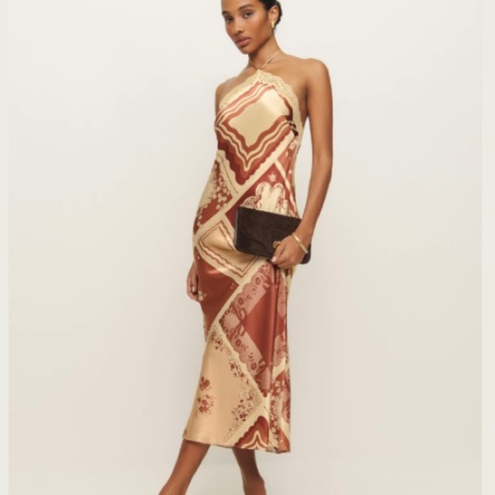 Reformation Aara Silk Red and Cream Halter Dress - Size M